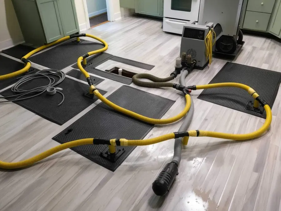 Air movers and a dehumidifier drying a gutted Orem room to standard